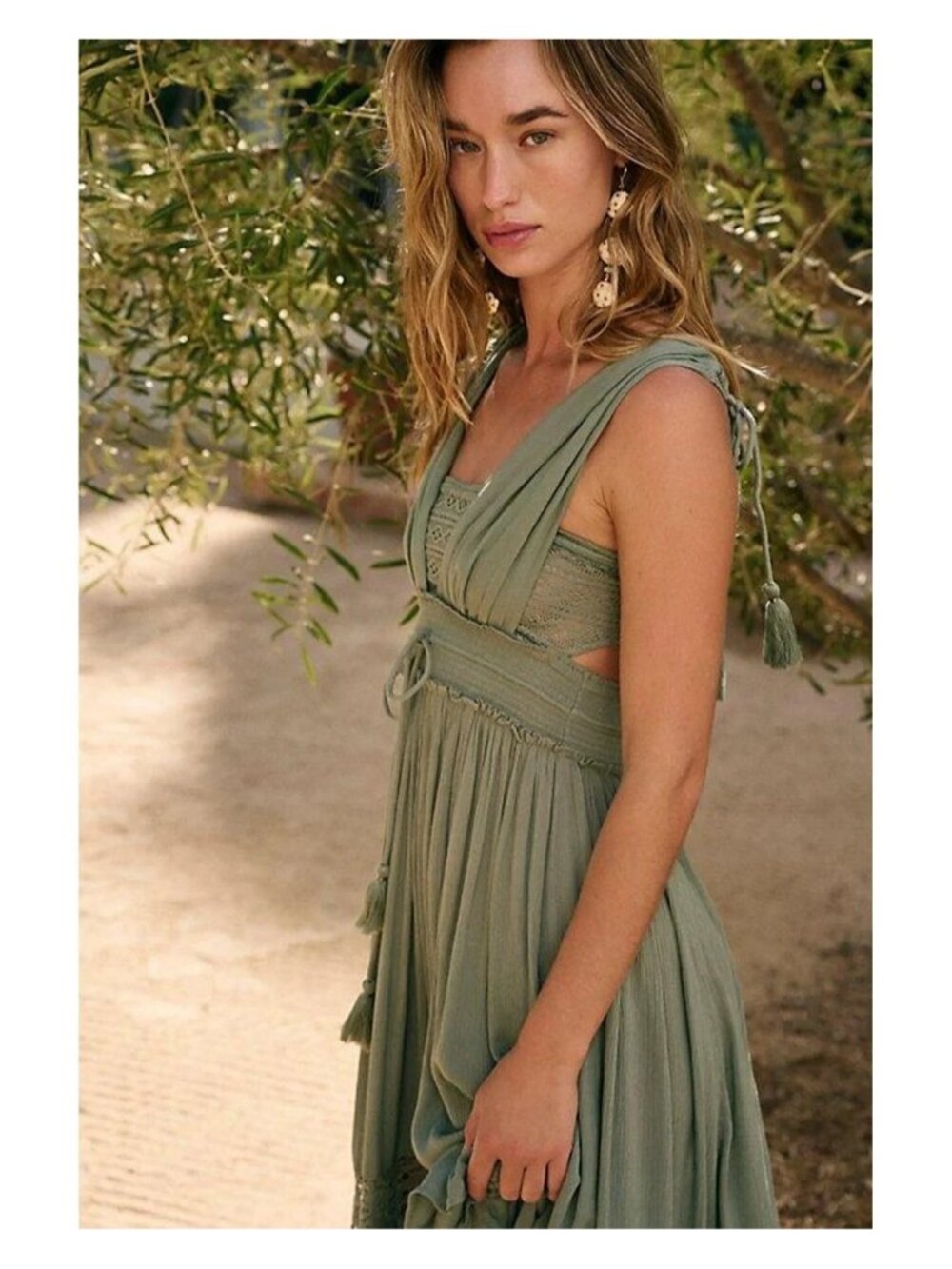 NWT Free People Santa Maria Maxi in Olive Green Crochet Lace Trim Dress XS - Picture 3 of 9